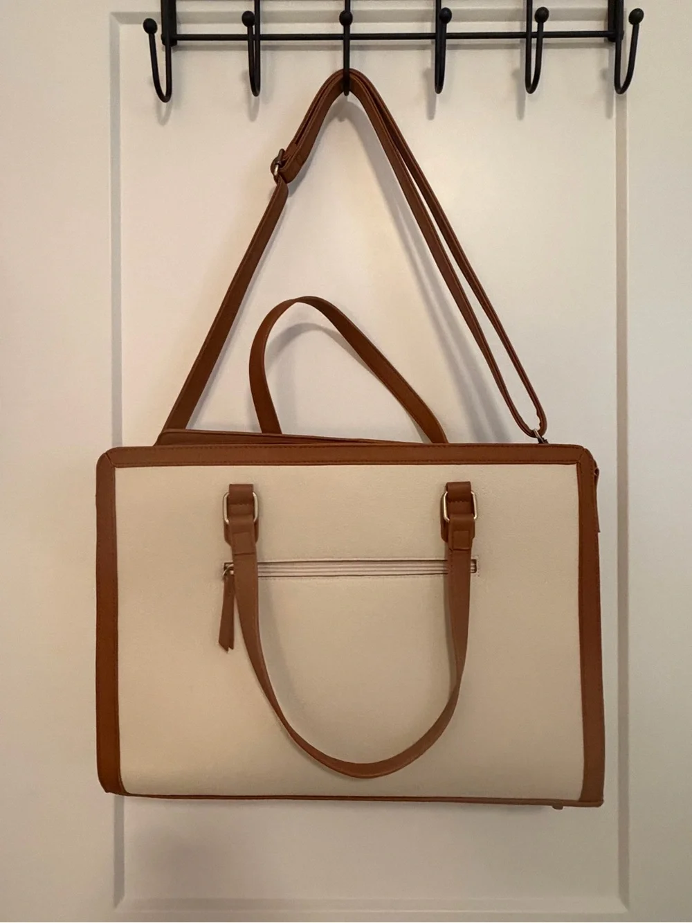 Cream and Tan Laptop Tote Bag with Removable Shoulder Strap